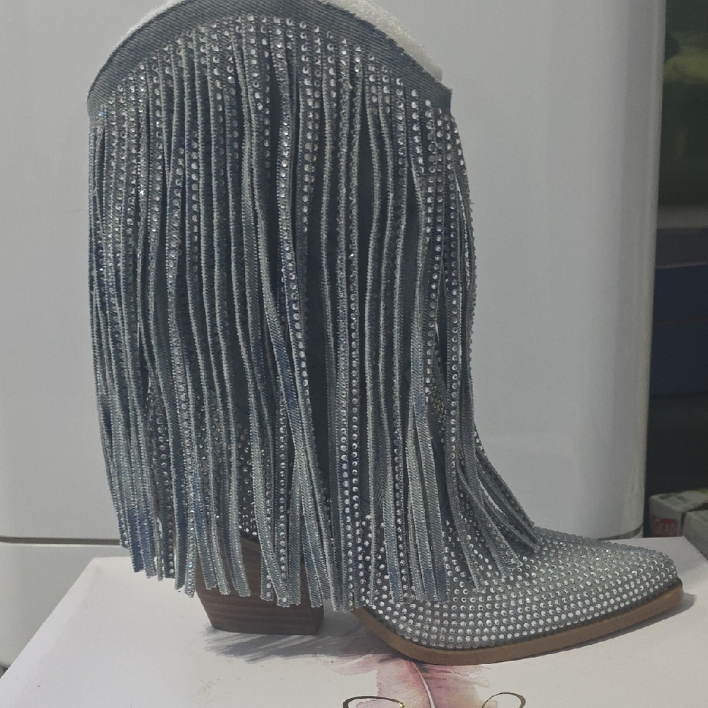 Jessica Simpson Blue Jean/Silver Fringe Heeled Boots